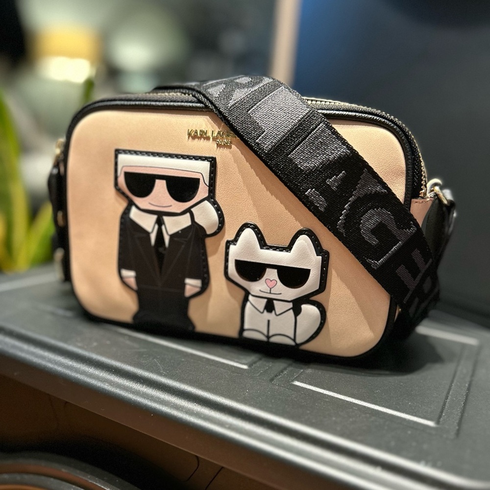 KARL LAGERFELD PARIS Creme Karl & Cat Crossbody Strap Bag Purse